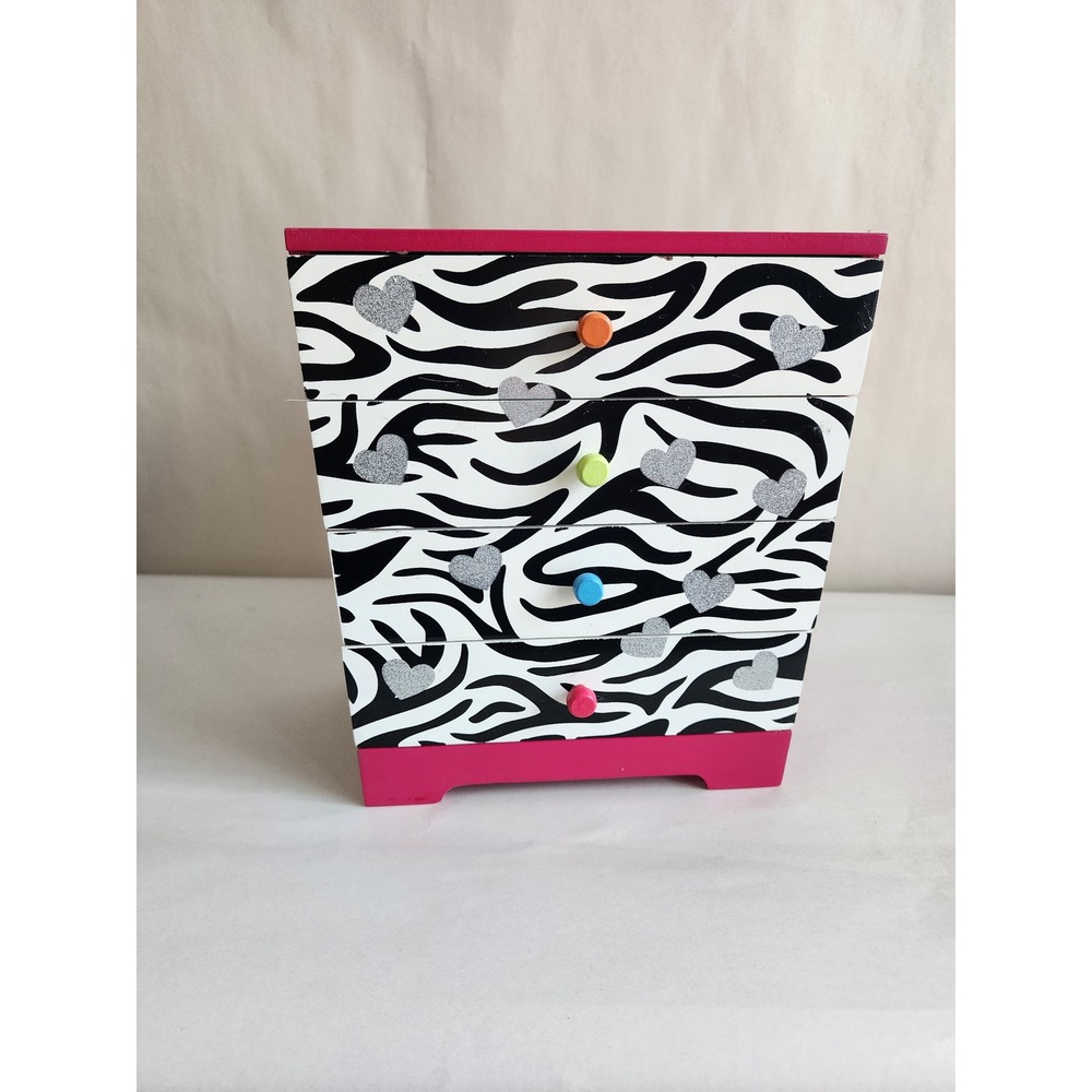 Zebra Print Small Jewelry Box 4 Drawer Trinket Chest Pink Hearts Glitter